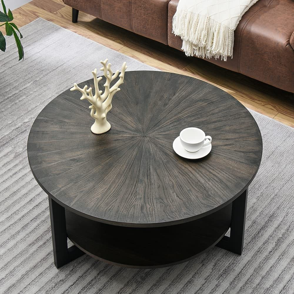 Round Coffee Table with Solid Wood Storage Circle Center Table Rustic Wood Coffee Table Wood N/A Rustic Wood Coffee Tables, End Tables