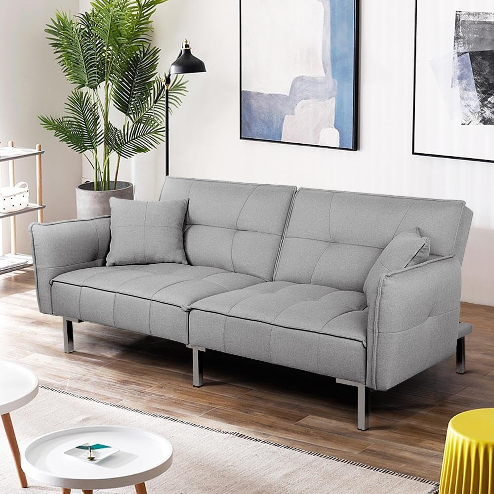 Sleeper Sofa Couch Bed Convertible Sofa Modern Futon Couches Sofas Bed Fold up and down Linen Fabric Recliner Couch for Living Room Gray